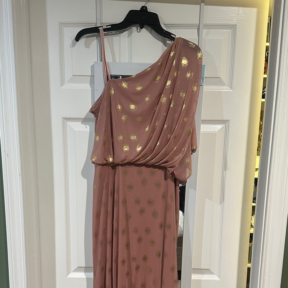 Elegant Adrianna Papell Dusty Rose Gold Polka Dot Gown